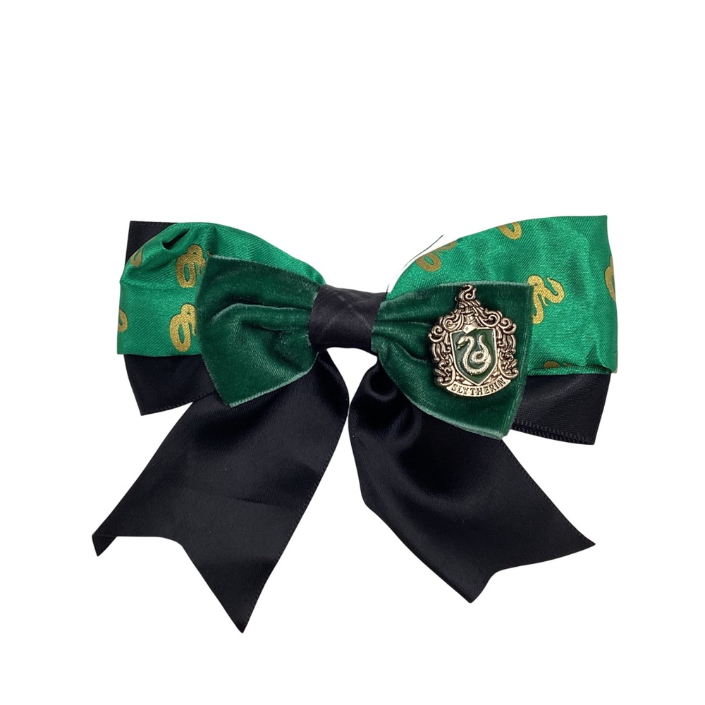 Harry Potter Slytherin House Hair Bow Green Velvet Satin Snake Crest Clip 5in